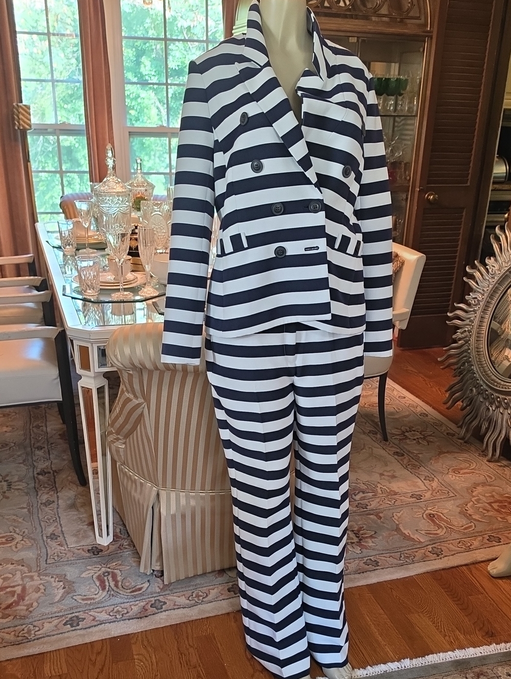 Halogen Navy and White Striped Double-Breasted Pantsuit. Size 14.